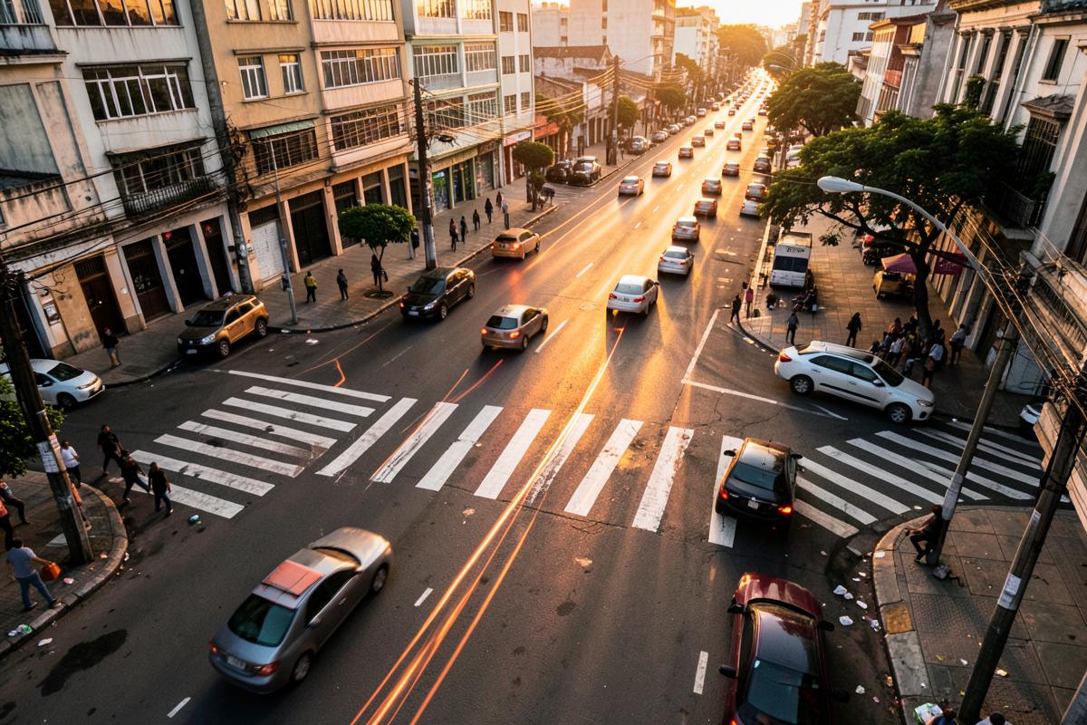 Avenida movimentada de uma cidade brasileira ao entardecer